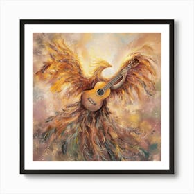 Phoenix awater color paint An exquisite, abstract rendition of soulful strumming, where the guitar is metaphorically replaced by a soaring, ethereal phoenix. The bird's vibrant feathers cascade like strings, emanating a warm, golden glow. As it strums its own divine melody, the phoenix embodies the spiritual essence of music, transcending physicality and resonating with the deepest chords of the soul. The background is a harmonious blend of dreamy, impressionistic hues, evoking a sense of transcendence and boundless creativity. Art Print