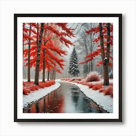 Red Leaves In The Snow Art Print