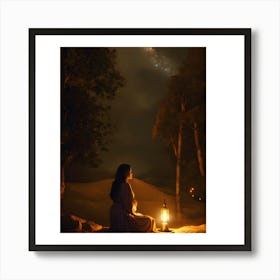 Woman With A Lantern In The Desert Art Print