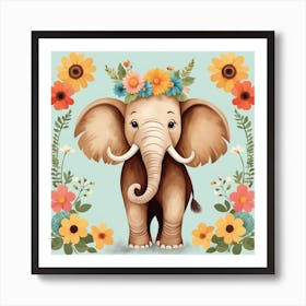Floral Baby Mammoth Nursery Illustration (11) Art Print