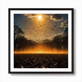 Golden Horizon and the Shadows of Birds: A Beautiful Display of Flight at Sunset Art Print