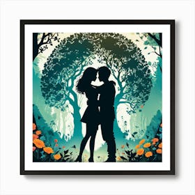 Silhouettes Of Two People Hugging Surrounded By Elements Of Nature Flowers Trees Growing , Silhouette Of Couple In The Forest 1 Art Print