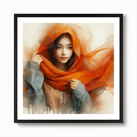 Asian Girl In Orange Scarf Art Print