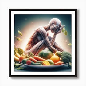 Woman Sits On A Plate Of Vegetables Art Print