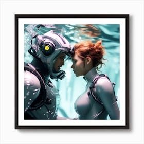 3d Dslr Photography Couples Inside Under The Sea Water Swimming Holding Each Other, Cyberpunk Art, By Krenz Cushart, Both Are Wearing A Futuristic Swimming With Helmet Suit Of Power Armor 2 Art Print