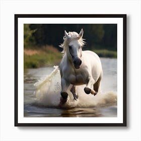 White Horse Running In Water 3 Art Print