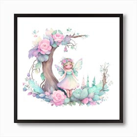 Enchanting Fairy Sitting Amongst Flowers And Trees Art Print