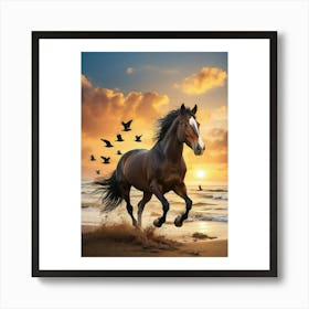 Horse Running At Sunset Art Print