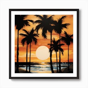 A Black Palm Trees Art Print Is Placed Against A Backdrop Of Golden Sands And A Vibrant Sunset 1 Art Print