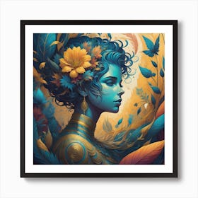 Woman With Blue Hair And Flowers Art Print