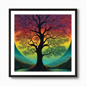 Vibrant Tree Silhouette under Full Moon Art Print