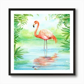 Green Flamingo Gliding On A Glass Like Lake Reflection Shimmering Below Surrounded By Whimsical Fo Art Print