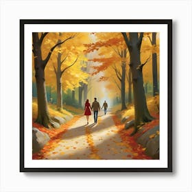 Couple Walking In The Autumn Forest 1 Art Print