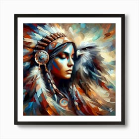 Native American Indian Woman With Hawk 1 Art Print