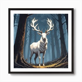 A White Stag In A Fog Forest In Minimalist Style Square Composition 28 Art Print