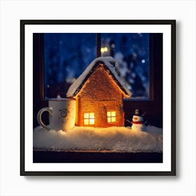 Firefly Cup, Cozy, Miniature, House, Illuminated, Windows, Snowy, Landscape, Snowman, Winter, Warmth Art Print