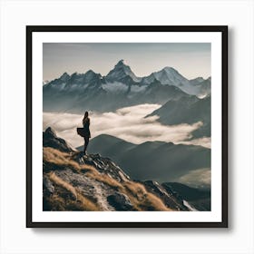 Person Standing On Top Of Mountain Art Print