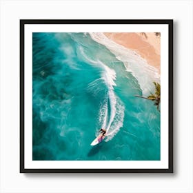 Aerial Photography Capturing A Surfer Amidst Azure Waves Tropical Beach In The Background Palm Tre (6) Art Print