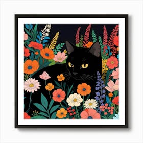 Black Cat In Flowers 7 Art Print