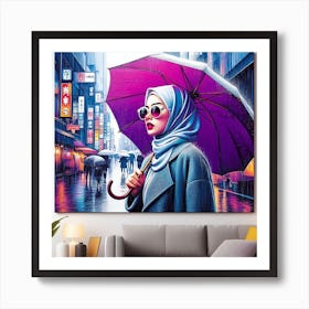 A Woman in Hijab and Sunglasses Walks on a Rainy Street in Tokyo: A Realistic and Bright Pop Art Painting Art Print