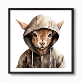 Watercolour Cartoon Goat In A Hoodie 1 Art Print