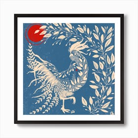 The Rooster And Leaves Light Blue Square Art Print