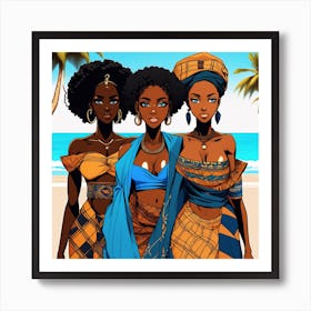 4 Gorgeous Black Women With African Clothes On With Blue Eyes On The Beach Anime Style 56907809 Art Print