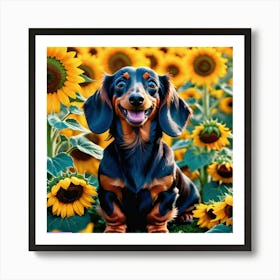 1711911286283 a Happy dash hound in a field of Giant yellow sunflowers Art Print