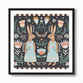 Easter Bunnies Scandinavian Folk Art Art Print