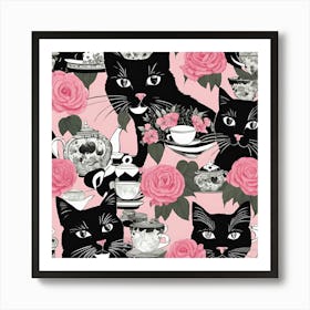 Black Cats With Roses Art Print