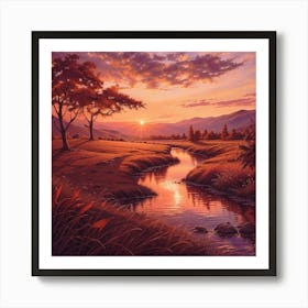 Sunset Harmony: A Tranquil Valley Landscape Art Print