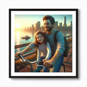 Father And Daughter Riding Bikes Art Print