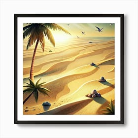 Tropical Beach Scene With Palm Trees And Seagulls At Sunset Art Print