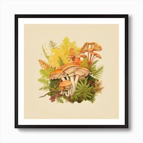 Chanterelles and ferns - mushroom art print - mushroom botanical print Art Print