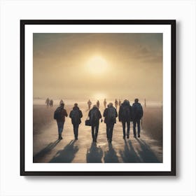 Group Of People Walking On The Beach Art Print