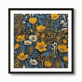 Linocut Flower Meadow Mustard Blue Art Print 2 Art Print