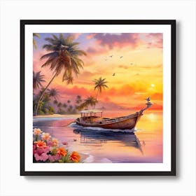 Boat At Sunset Art Print