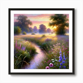 Serene Sun Dappled Landscape At Dawn Art Print