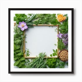 Frame With Herbs And Flowers Art Print