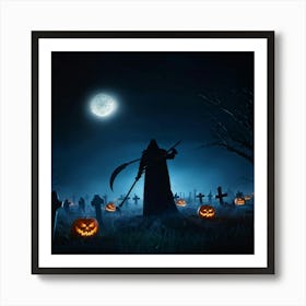 Reaper Silhouette Scythe Raised Against A Backdrop Of A Full Moon On Halloween Night With Wisps O (5) Art Print