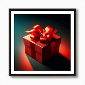 A beautiful red gift box with a shiny red ribbon wrapped around a separate lid with a bow on top, sitting in front of a dark blue background with a spotlight shining on it from the top right corner Art Print