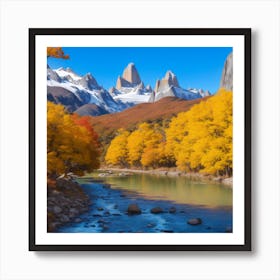 A Flowing Creek And Autumn Leaves Frame The Majestic Mount On A Beautiful Day Art Print