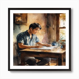 Watercolor Of A Man Writing Art Print