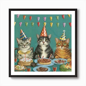 Feline Fiesta Print Art Depict A Hilarious Cat Party Featuring Feline Friends Wearing Party Hats, Playing Musical Mice, And Enjoying A Feast Of Fish And Treats Art Print