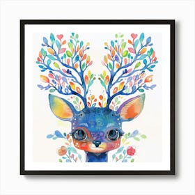 Blue Deer Tree Forest Nursery Wall Art Art Print