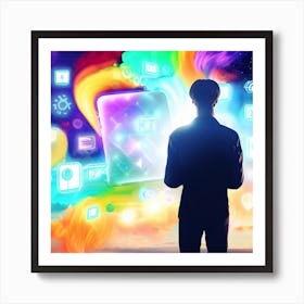 Man Looking At A Computer Screen Future Of Mobile Applications Development In Colorful Dreaming Life Art Print