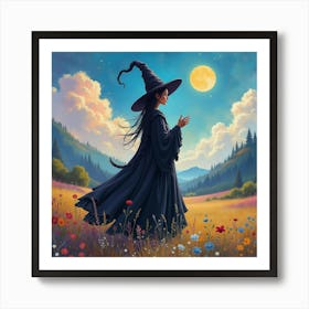 Black Magic Witch In A Colorful Watercolor Landscape 1 Art Print