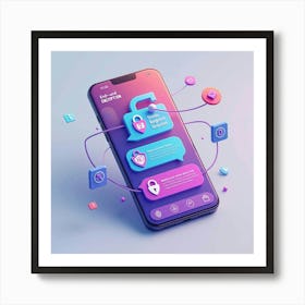 A 3D illustration of a smartphone with a futuristic design featuring icons. Art Print