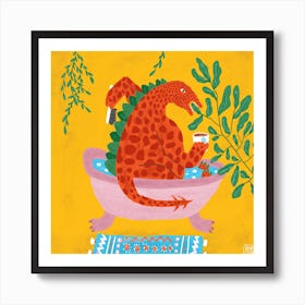 Orange Dinosaur Drinking Tea In A Bathtub Square Art Print