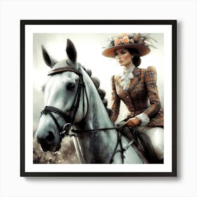 British Lady With Hat On A White Horse Detail Color Drawing Art Print